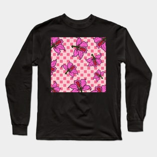 Hong Kong Bauhinia with Baby Pink Tile Floor Pattern - Summer Flower Pattern Long Sleeve T-Shirt